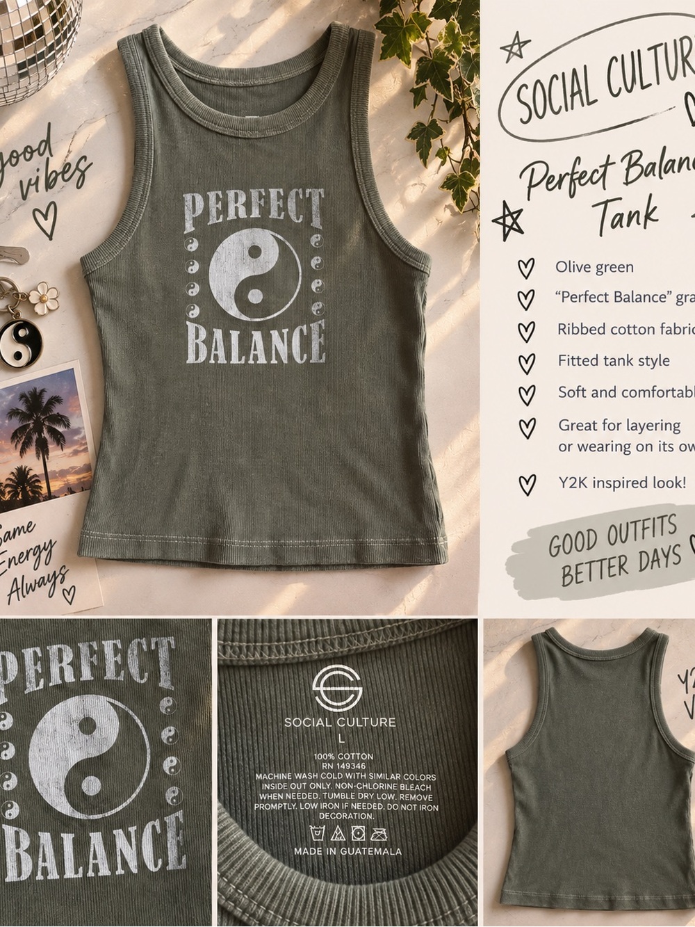 Social Culture Olive Green "Perfect Balance" Ribbed Tank